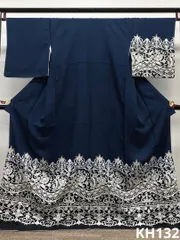 付け下げ 訪問着 ラインストーン 金彩 銀彩 紋意匠 正絹 ネイビー系 躾糸付き KH132