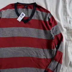 デッドストック 00's オールドギャップ GAP 太ボーダー Vネック コットン ニットセーター (L) 灰x赤×紺 00年代 旧タグ オールド 未使用品　アメリカ古着 USED  ビンテージ ヴィンテージ