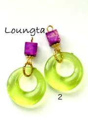 3108ターコイズストーンパープルとイエローの個性派ピアス 樹脂ピアス 天然石ピアス