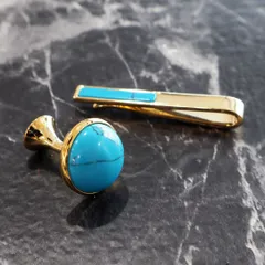 300 【高級品】天然石ターコイズ カフス&タイピンセット