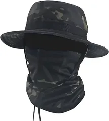 ドナリー サファリハット フェイスガード 2点セット 迷彩 日除け 帽子 ネックカバー 虫よけ 通気性 軽量 アウトドア 草刈り 釣り サバゲー (ブラックカモフラージュ,  Free Size)
