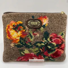 4192 FEILER フェイラー　ポーチ　ブラウン　花柄　フラワー　フローラル　茶色　フラットポーチ　シュニール織り　レディース