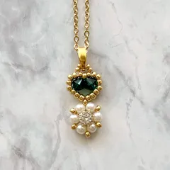 スワロフスキー ジルコニア 樹脂パール ハート フラワー ネックレス エメラルド ゴールド 40㎝ No.1889