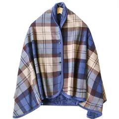 [LeafIn] ひざ掛け ブランケット ハーフケット 大判 4way 着る毛布 肩掛け ボタン付き 厚手 防寒対策 あったか チェック柄 おしゃれ 吸湿保温 抗菌加工 静電気防止 洗濯可能 手触り 暖かい (ブルー, M) 1