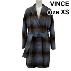 ◆ ビンス VINCE プラッド ロングコート 長袖 ベルト付き オーバーサイズ ブルー ブラウン 毛 アルパカ モヘア XS 5号 レディース S5W395