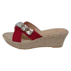 Rady(レディ) ミュール L レディース美品  - レッド×クリア×ベージュ ラインストーン/ウェッジソール リネン