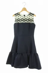 チェスティ Chesty 17AW ワンピース フラワー刺繍 切替 フレア ひざ丈 ノースリーブ 0 紺 白 /KN ■OS