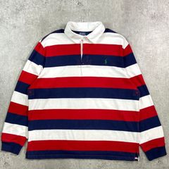 90s vintage ラルフローレン ラガーシャツ 太ボーダー 切替 刺繍ロゴ 古着 90s Polo Ralph Lauren チェック襟 紺×緑 ボーダー ラガー