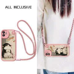 スマホケース iphone16iPhone 用アップルケース ピンク猫と柿柄 ショルダーロープ 萌え系でおしゃれ