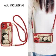 スマホケース iphone16アップルスマホケース ピンク和風猫 ショルダーロープ オールインクルーシブ 安心保護