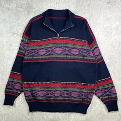 フランス製 ヴィンテージ フェアアイル柄 ハーフジップ ウールニットセーター メンズXL相当 