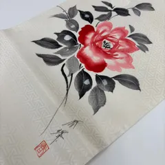 名古屋帯 作家物 白地 毘沙門亀甲の地紋 上品な花 染め 九寸 正絹 着物 MA-700