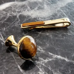 302【高級品】天然石タイガーアイ カフス&タイピンセット