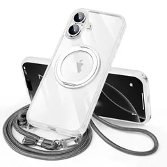 新品　6.3インチ 両眼 いphone17 カメラレンズ保護 用 用 ケース ケース 薄型 耐衝撃 透明 ワイヤレス充電対応 PC MagSafe対応 + 多機能360度回転スタンド 軽量 ストラップ付き シリコン ショルダー TPUバンパー ダブルリング付き