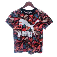 プーマ PUMA カットソー Tシャツ クルーネック プリント リーフ柄 半袖 S 黒 ブラック /AU