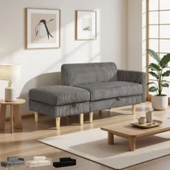 One Arm 2 Seater Sofa + Ottoman ソファ 2人掛け コーデュロイ 収納付き オットマン付き 肘掛け 木脚取り外し可能 ローソファ コンパクト ひとり暮らし カウチソファー
