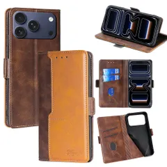 iPhone用スマホケース 17Pro ダークブラウン+ゴールデン  手帳型ケース カバー カード収納 合成レザー 横向きスタンド 機能便利なマグネット式 耐衝撃 人気