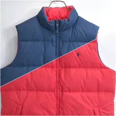90〜00s Polo by Ralph Lauren ポロ ラルフローレン リバーシブル スタンドカラー ダウンベスト ポニーロゴ 刺繍 デザイン ネイビー レッド ヴィンテージ ビンテージ USA アメリカ古着 レディースXLサイズ
