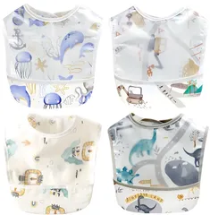 新品 [NITONAMI] 食事用エプロン ベビー エプロン 離乳食エプロン 立体的ポケット 袖なし ポケット付き 防水 軽量 名前入 保育園用 4枚セット