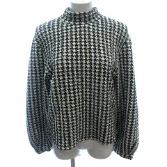ザラ ZARA ニット カットソー ハイネック 千鳥格子 バルーンスリーブ 長袖 S ベージュ 黒 ブラック /AU