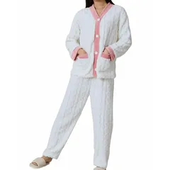 【新品】 [Sesong] ルームウェア 上下セット 前開き もこもこ ふわふわ パジャマ レディース 長ズボン 長袖トップス 大きいサイズ ゆったり あったか フランネル 女性用 ホームウエア 部屋着 室内着 大人 防寒 保温 暖かい 厚手 裏起毛 秋冬 1