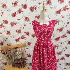 レトロ花柄ワンピース ピンク×オレンジ ノースリーブ フレア ミディ丈 リボン付き サイドファスナー ヴィンテージ 総柄ワンピ レトロガーリー