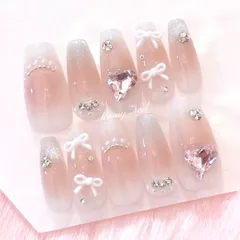 No.93オーダー♡量産型ワンホン韓国フレンチガーリースナ系チークジェルネイルチップ リボンハートマグネット