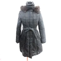 コムサデモード COMME CA DU MODE ダウンコート スタンドカラー フード フェイクファー 総裏地 チェック ウエストマーク 緑 グリーン /AU