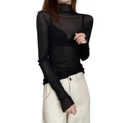 シアー トップス ハイネック シースルー レディース トップス レース　 ブラック　Lサイズ 春夏  重ね着 高伸縮 シアーシャツ 長袖 軽量 薄手　s1082