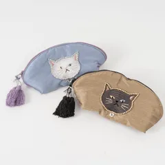 【クラフトインディア / Craft India】ねこのビーズ刺繍ミニポーチ cat（アリストキャッツ）｜２種類から選べるカラー グレイ/ブルー｜猫ねこキャットcat