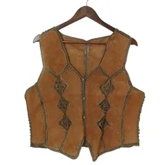 Y.D.C 秋冬 パッチワーク★ 本革 リアル レザー スウェード ベスト Sz.M　レディース キャメル