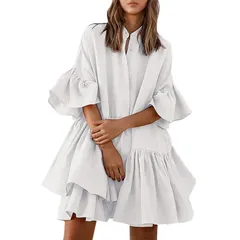 ミニワンピース レテ?ィース シャツワンピース 半袖 フレアスリーブ 無地 前開き ボタン Aライン ゆったり シンプル レイヤードドレス 膝上 プリーツ 襟付き ファッション エレガント きれいめ お出かけ 通勤 パーティー デートR10300