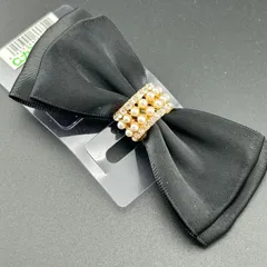 【新品】ヘアアクセサリー ヘアクリップ ブラック 黒 リボン フェイク パール ラインストーン 可愛い◆