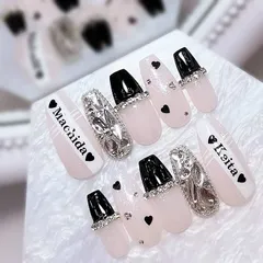 ネイルチップ 量産型 韓国ネイル ワンホンネイル シンプルネイル フレンチネイル 黒ネイル 地雷系 オタクネイル 埋めつくしネイル ハートネイル お名前ネイル MignonNail キラキラネイル フレンチガーリー スナ系 大人かわいい ロングネイル リボン