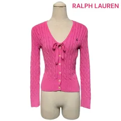 3673 ラルフローレン ポロ ピンク ケーブル編み ケーブル リボン ニットカーディガン