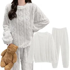 【新品】 [MilaCorinna] レディース ルームウェア セットアップ もこもこ ふわふわ あったか パジャマ フランネル 可愛い ケーブル柄 女性用 ホームウエア 上下セット 部屋着 室内着 長袖パジャマ 大人 防寒 保温 秋 冬 軽量 プレゼント 0