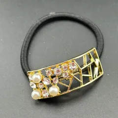 【新品】ヘアアクセサリー ヘアゴム １本 スクエア ゴールド×ホワイト ラインストーン 大きめ◆