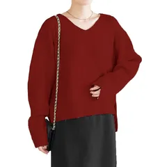 【新品】 [神戸レタス] ニット セーター トップス レディース 洗えるニット ゆったり 体型カバー 長袖 無地 秋 冬 [C6301] L Vネック ボルドー 1