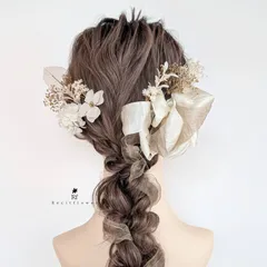 2種類のリボンが可愛い髪飾り 成人式 卒業式 結婚式 七五三 ドライフラワー 髪飾り No.212