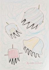 Akihiko Mihara, a Salon d'Automne award-winning artist, "The Four Jellyfish Siblings" drawing, original art, brush pen art, pencil drawing, contemporary art, artwork, painting, fine art, sketch, illustration, hand-drawn illustration, popular, colored pencil, cute, sea, fish, painting, art