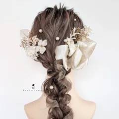 パールと2種類のリボンが可愛い髪飾り 成人式 卒業式 結婚式 七五三 ドライフラワー パール 髪飾り No.213