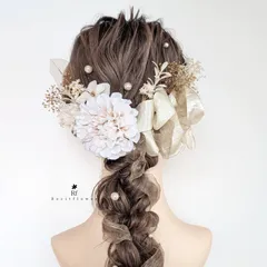 パールと大きなダリアが印象的な髪飾り 成人式 卒業式 結婚式 七五三 ドライフラワー 髪飾り No.214