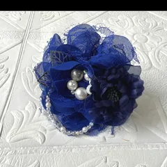 014 ハンドメイド コサージュ パール ビーズ　卒業式　卒園式　入学式　入園式　オーガンジー  結婚式　セレモニー　フォーマル　発表会　七五三　造花　ブローチ　リボン　祝典　ネイビー