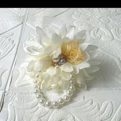 016 ハンドメイド コサージュ パール ビーズ　卒業式　卒園式　入学式　入園式　オーガンジー  結婚式　セレモニー　フォーマル　発表会　七五三　造花　ブローチ　リボン　祝典　クリーム