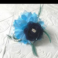 019 ハンドメイド コサージュ パール ビーズ　卒業式　卒園式　入学式　入園式　オーガンジー  結婚式　セレモニー　フォーマル　発表会　七五三　造花　ブローチ　リボン　祝典　ブルー