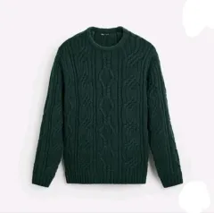 M) ZARA ザラ グリーン ケーブル編み ニット セーター ウール混ブレンド 2893 376