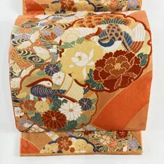 【美品】 袋帯 秀品 関西仕立て 雪輪 花鳥 唐織 箔 オレンジ 六通 正絹 【中古】