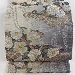 袋帯 秀品 草花 七宝 金銀糸 箔 灰色 六通 正絹 【中古】