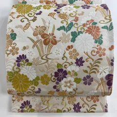 【美品】 袋帯 秀品 王朝 菖蒲 桜 金糸 箔 クリーム 六通 正絹 【中古】