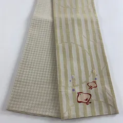 半幅帯 優品 ワンポイント柄 縞 幾何学 箔 ベージュ 化繊 【中古】